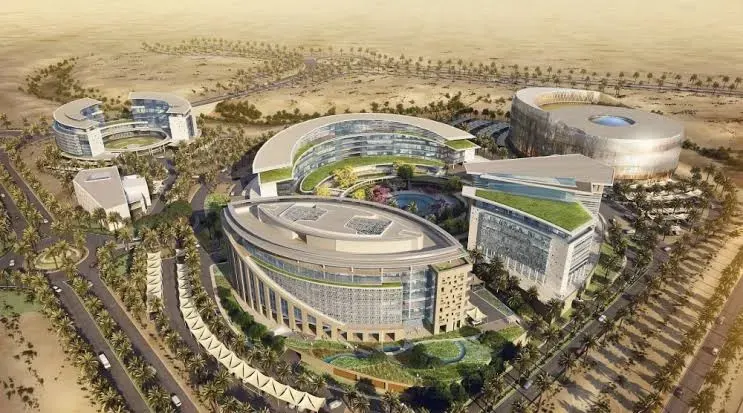 Modern business campus surrounded by palm trees in Oman