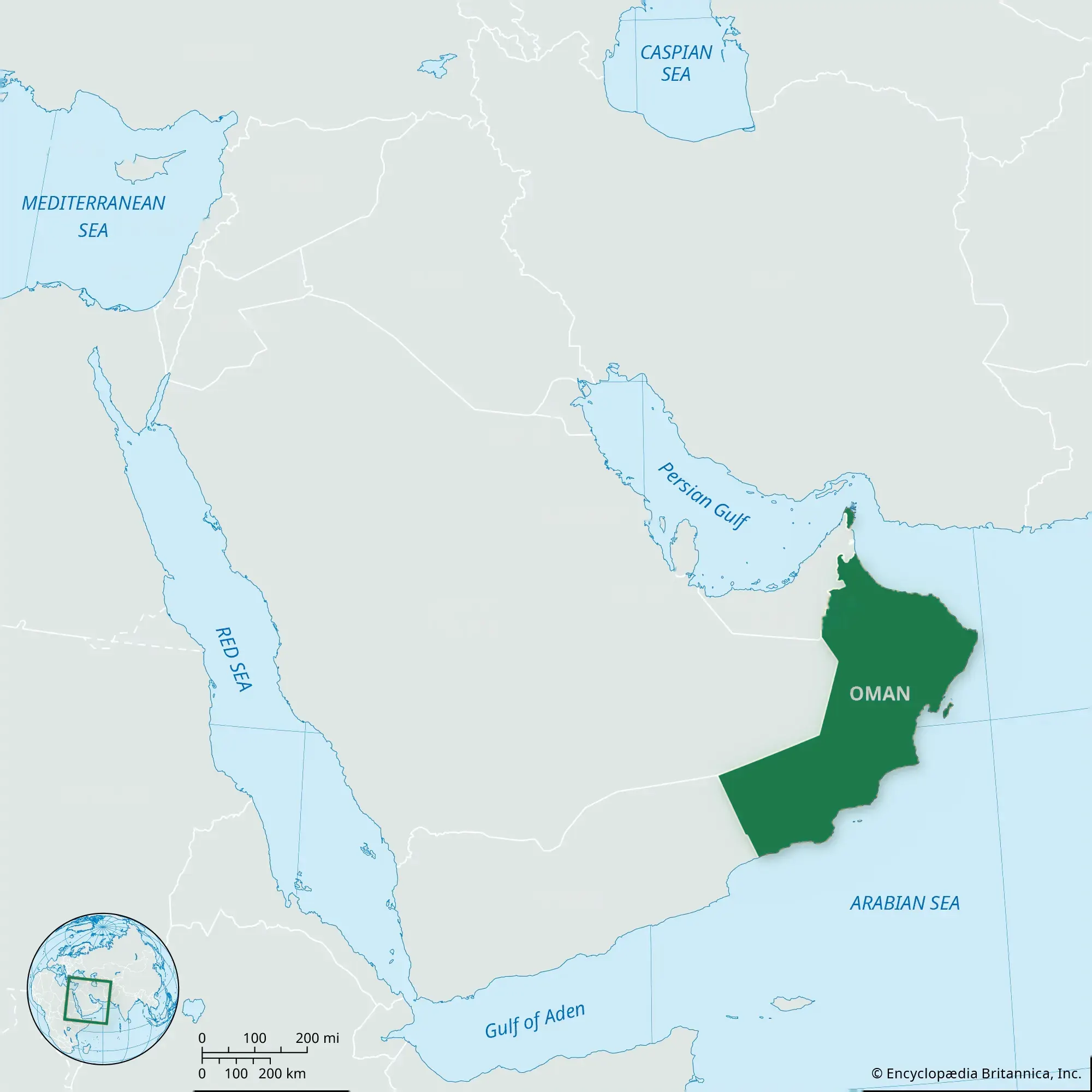 Regional map highlighting the Sultanate of Oman